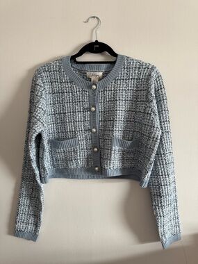 NWT Jessica Simpson Light Blue Tweed Cropped Blazer Jacket with Pearl Buttons